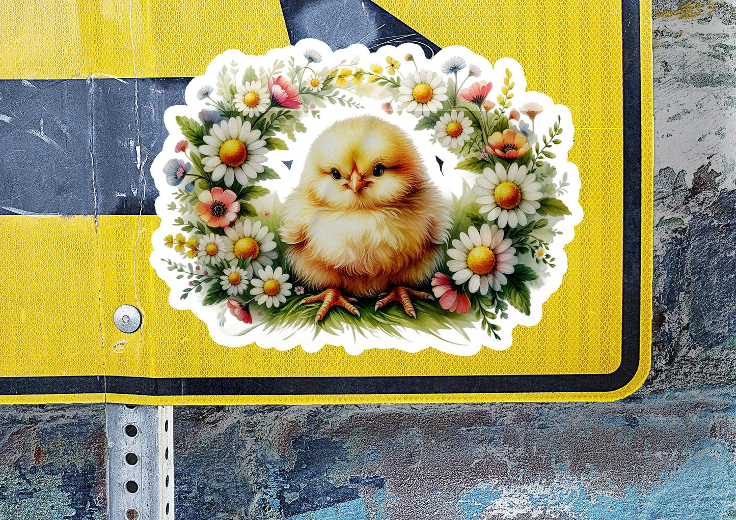 a close up of a street sign with a chicken on it