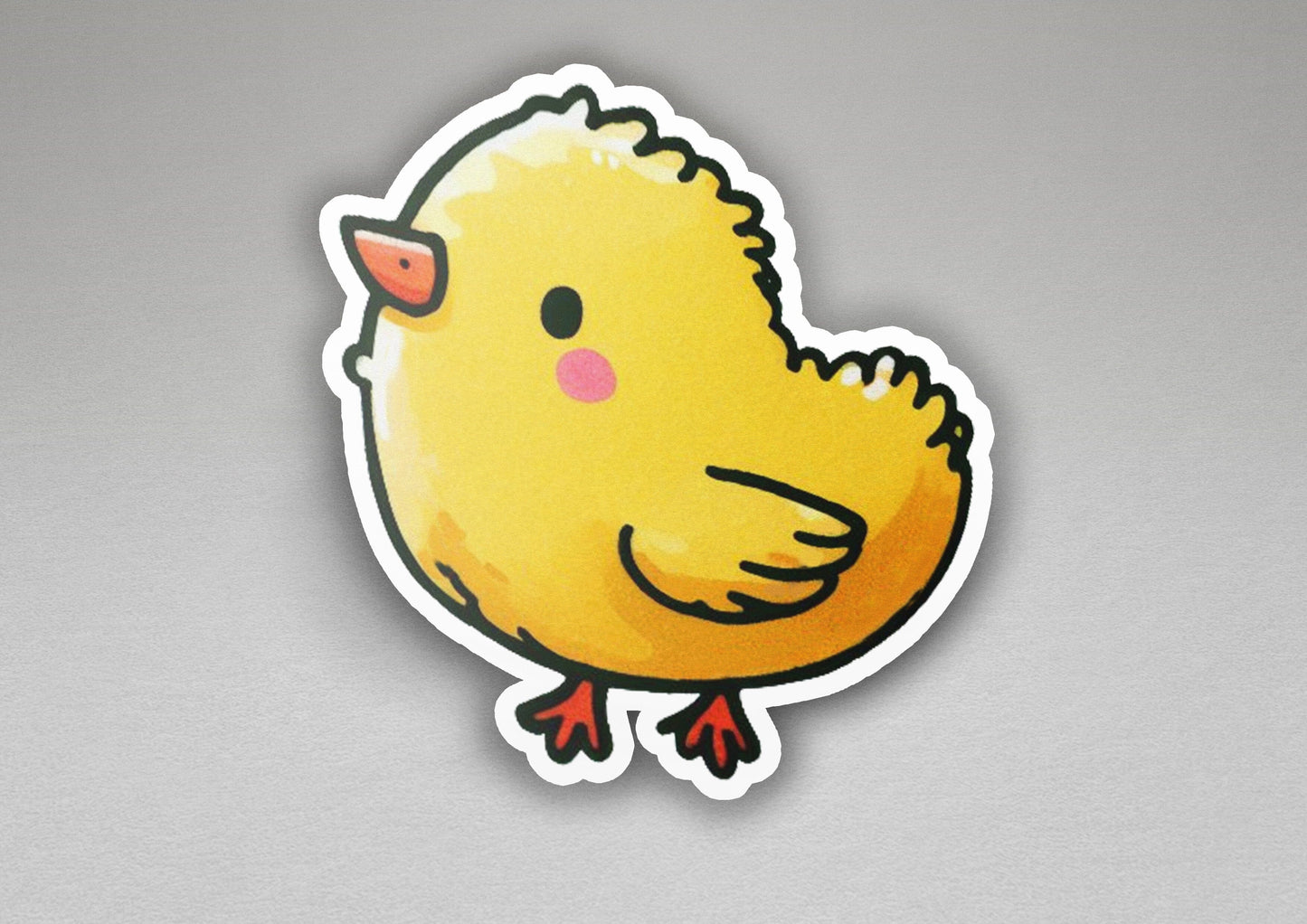 a sticker of a yellow chicken on a gray background