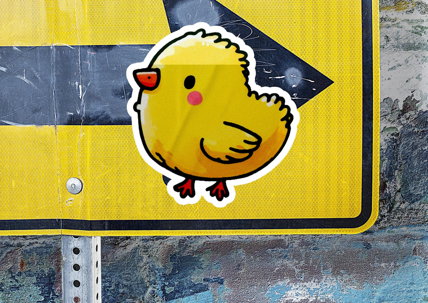 a close up of a street sign with a chicken on it