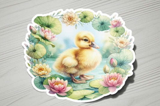 a sticker of a duckling in a pond of water lilies