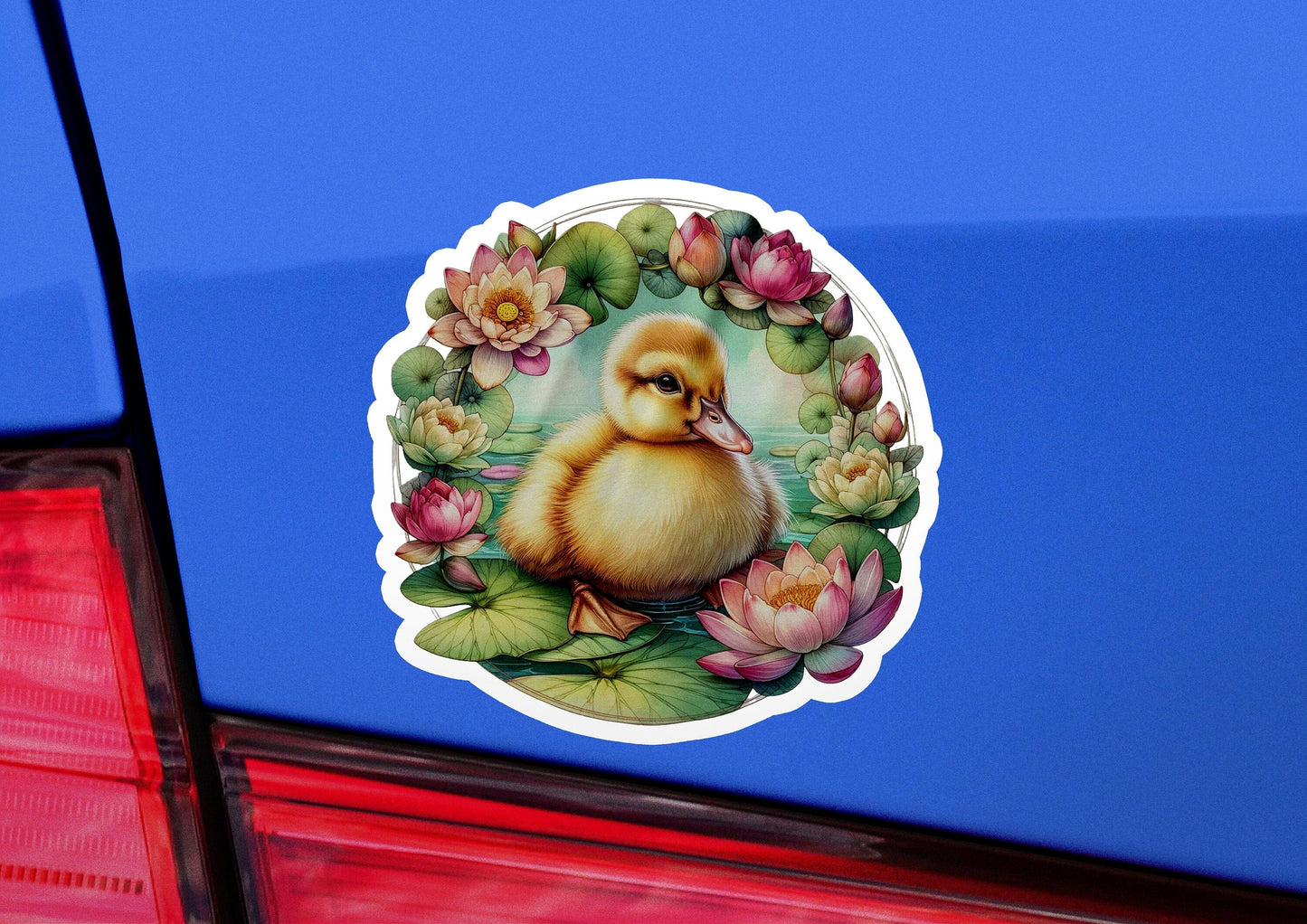 a sticker of a duck in a pond of water lilies