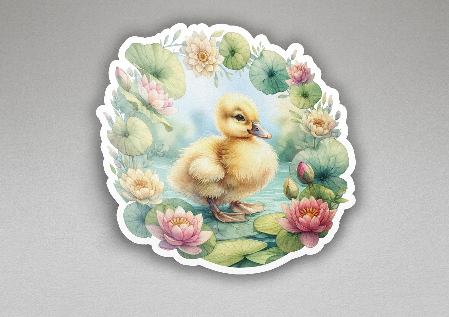a sticker of a duckling in a pond of water lilies