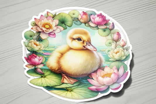 a sticker of a duckling sitting in a pond of water lilies