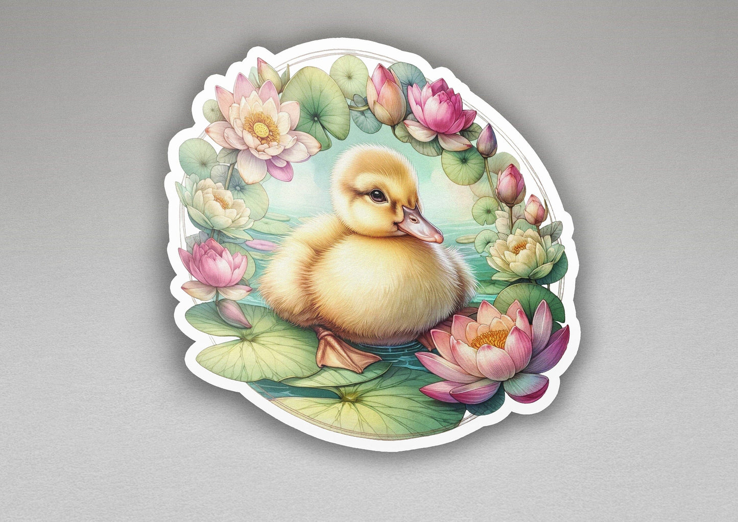 a sticker of a duckling sitting on a lily pad