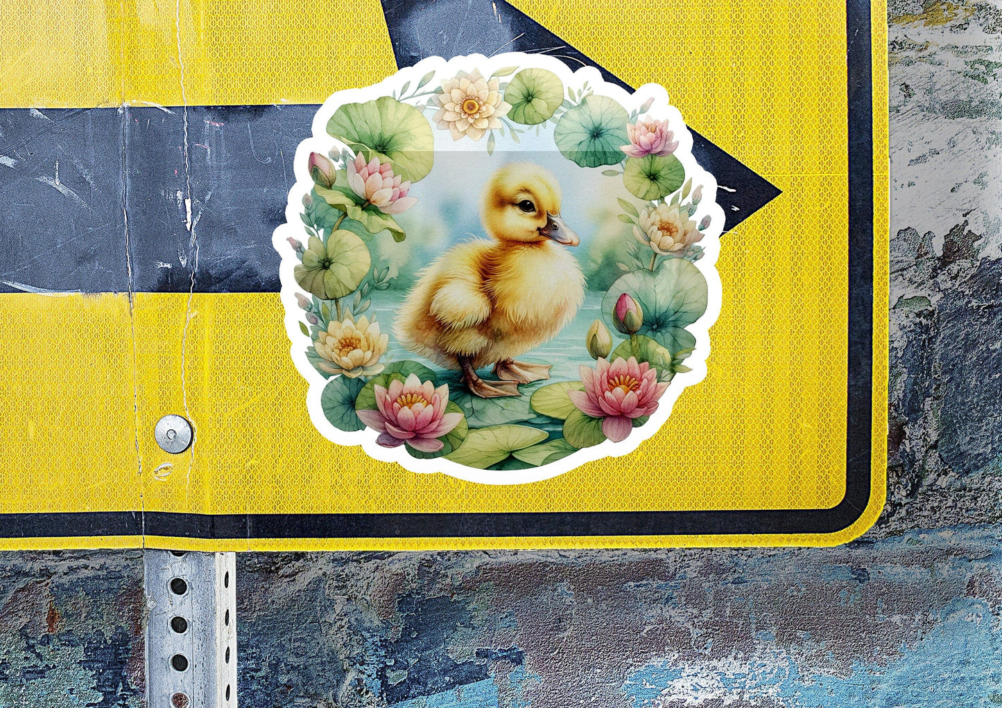 a sticker of a duckling on a street sign