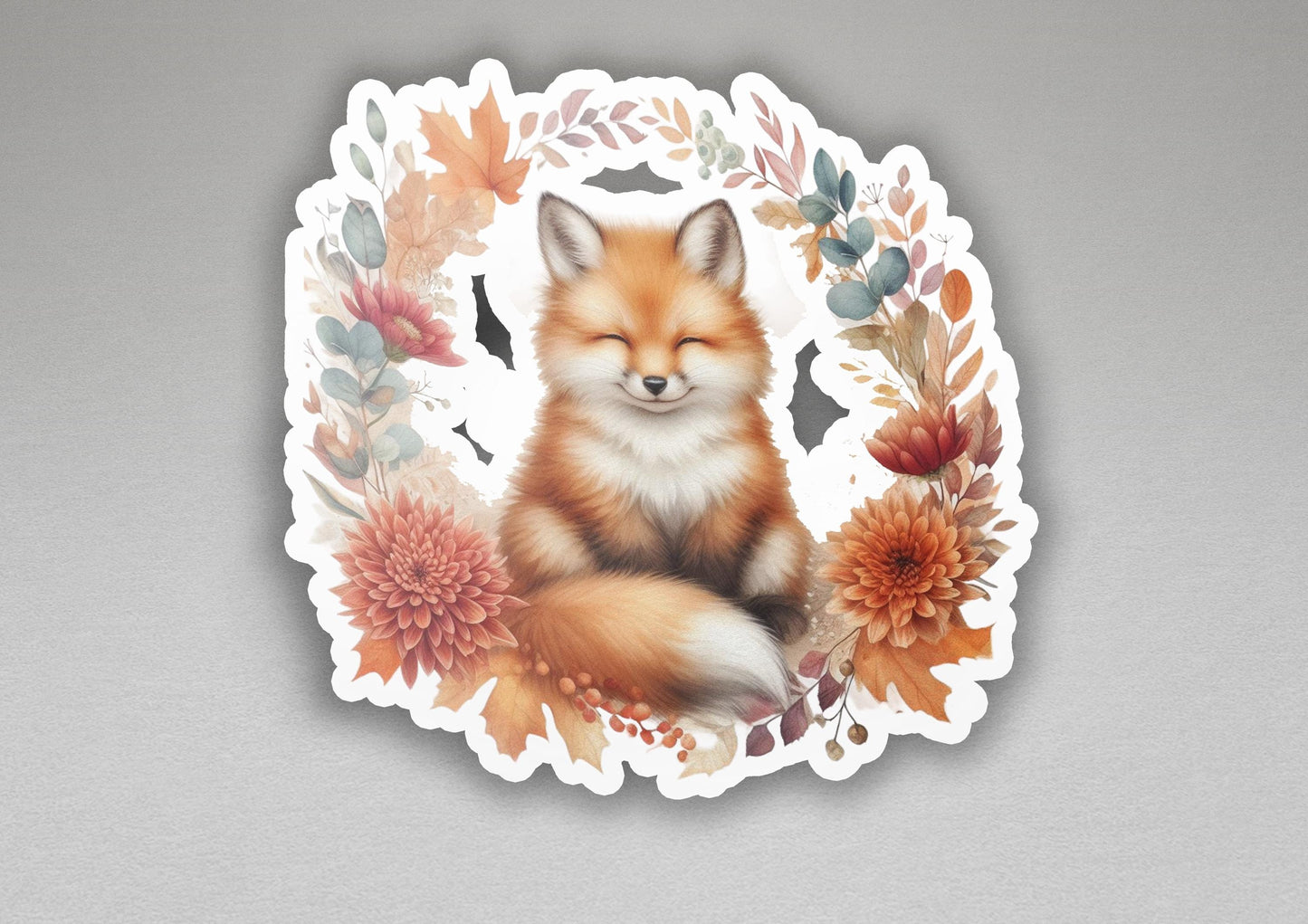 a sticker with a picture of a fox surrounded by flowers
