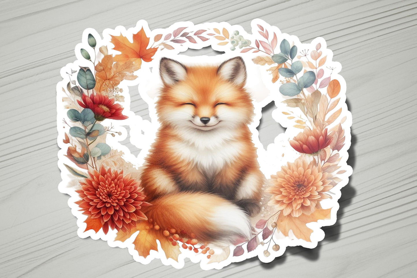 a sticker with a picture of a fox surrounded by flowers
