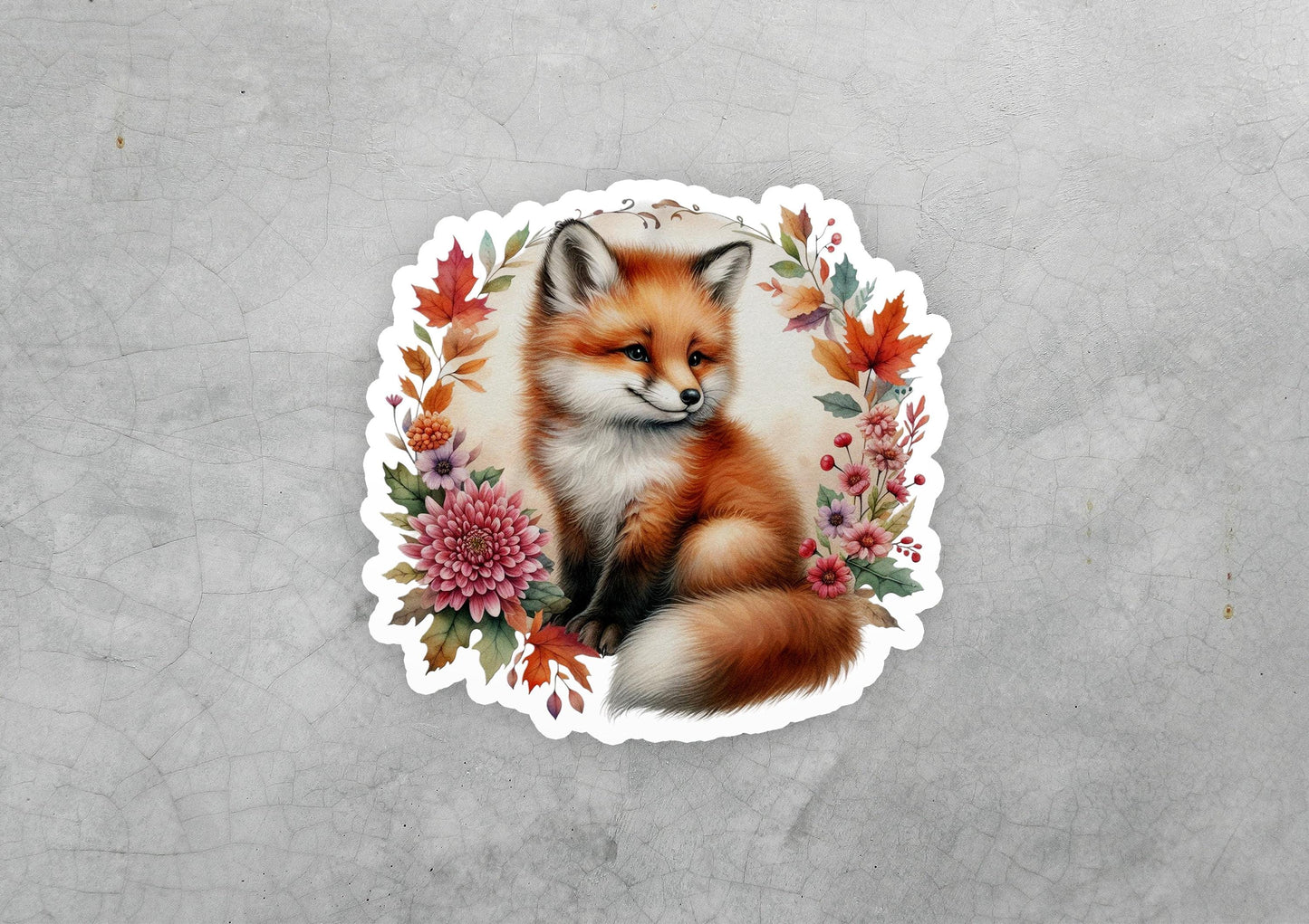 a sticker of a red fox surrounded by flowers