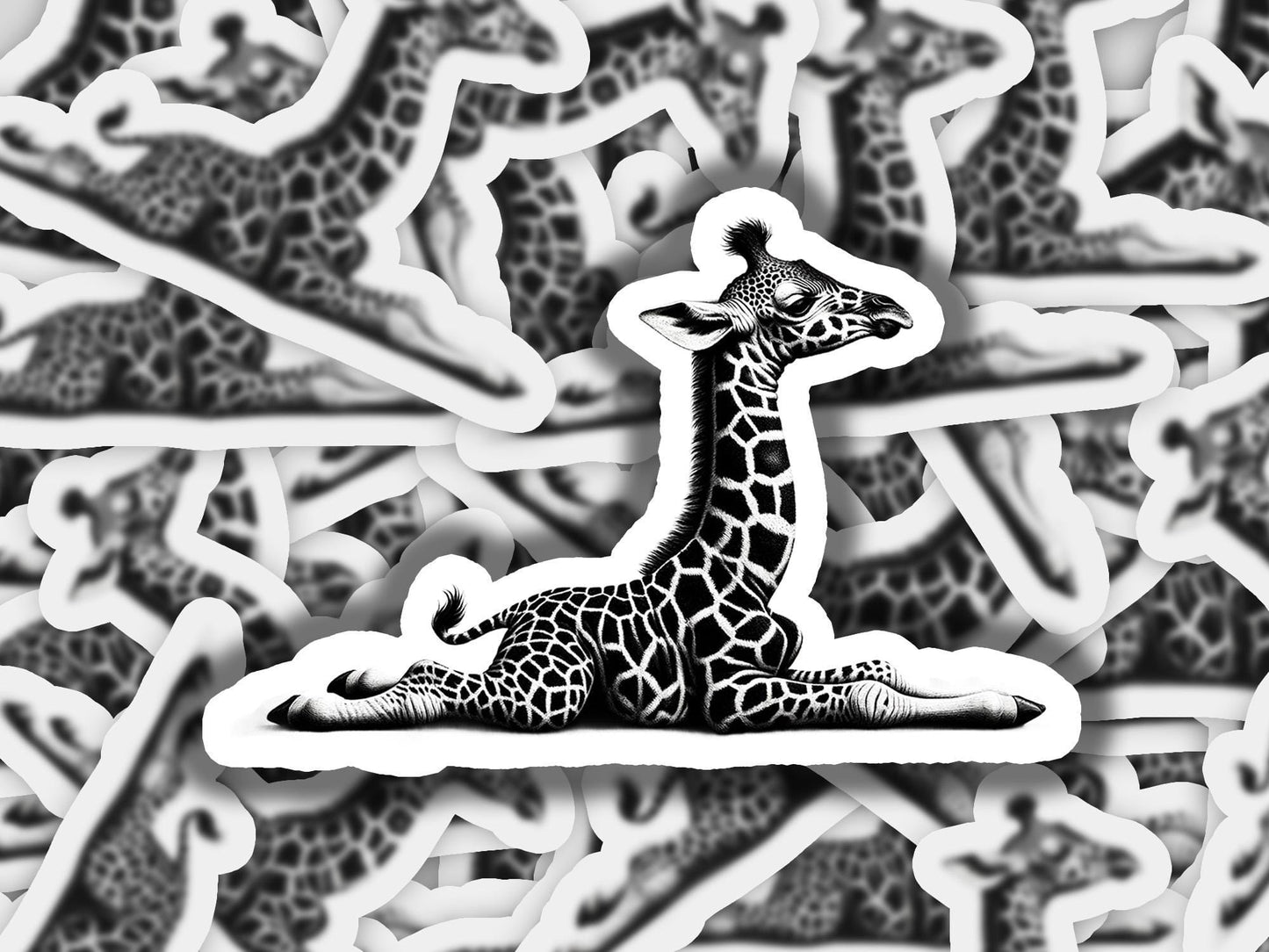 a black and white photo of a giraffe laying down