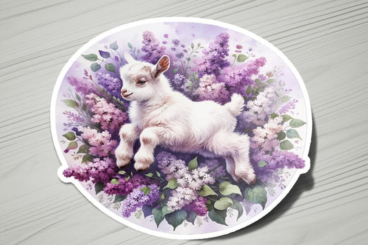 a sticker with a picture of a baby goat surrounded by flowers