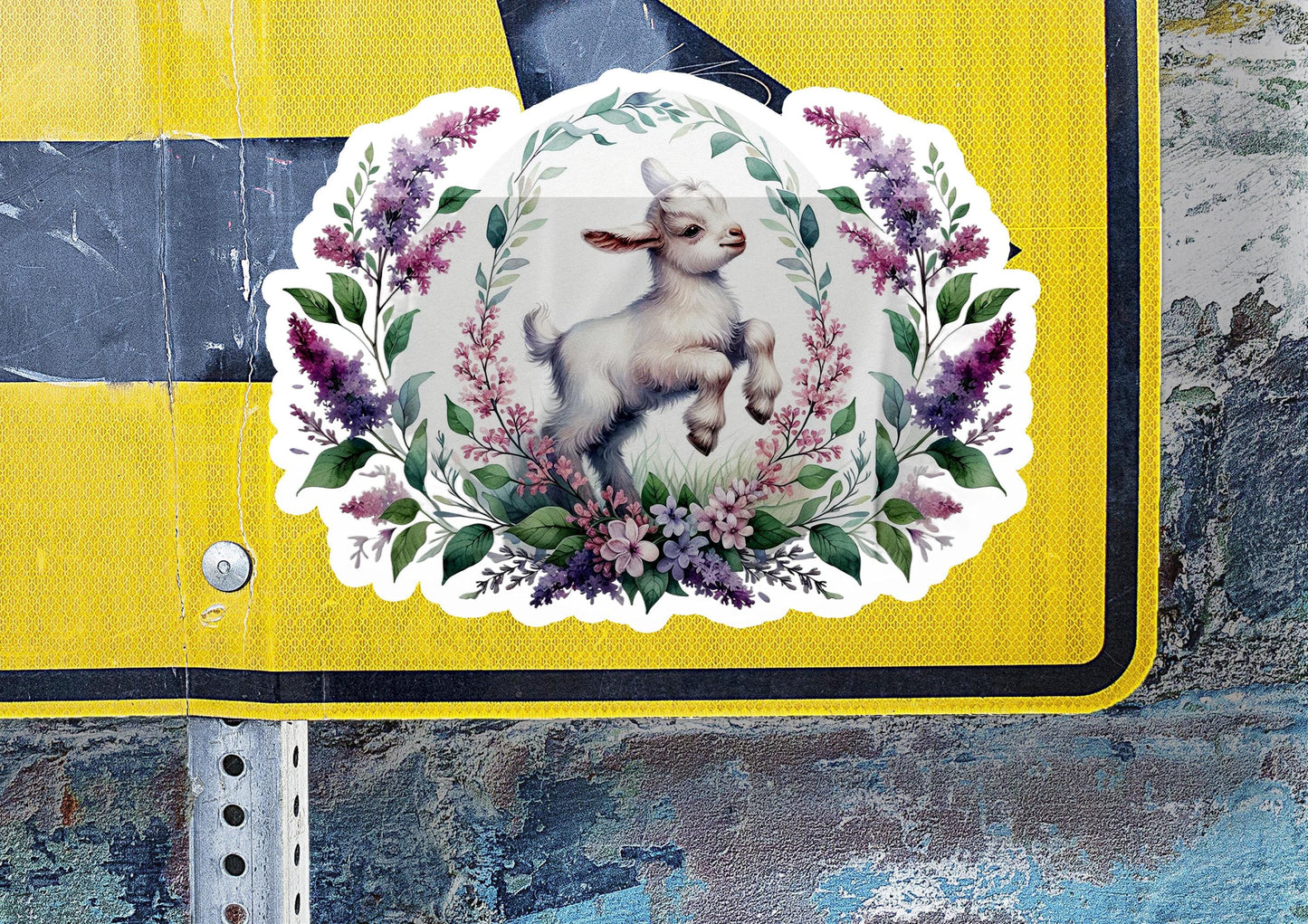 a close up of a street sign with a picture of a goat