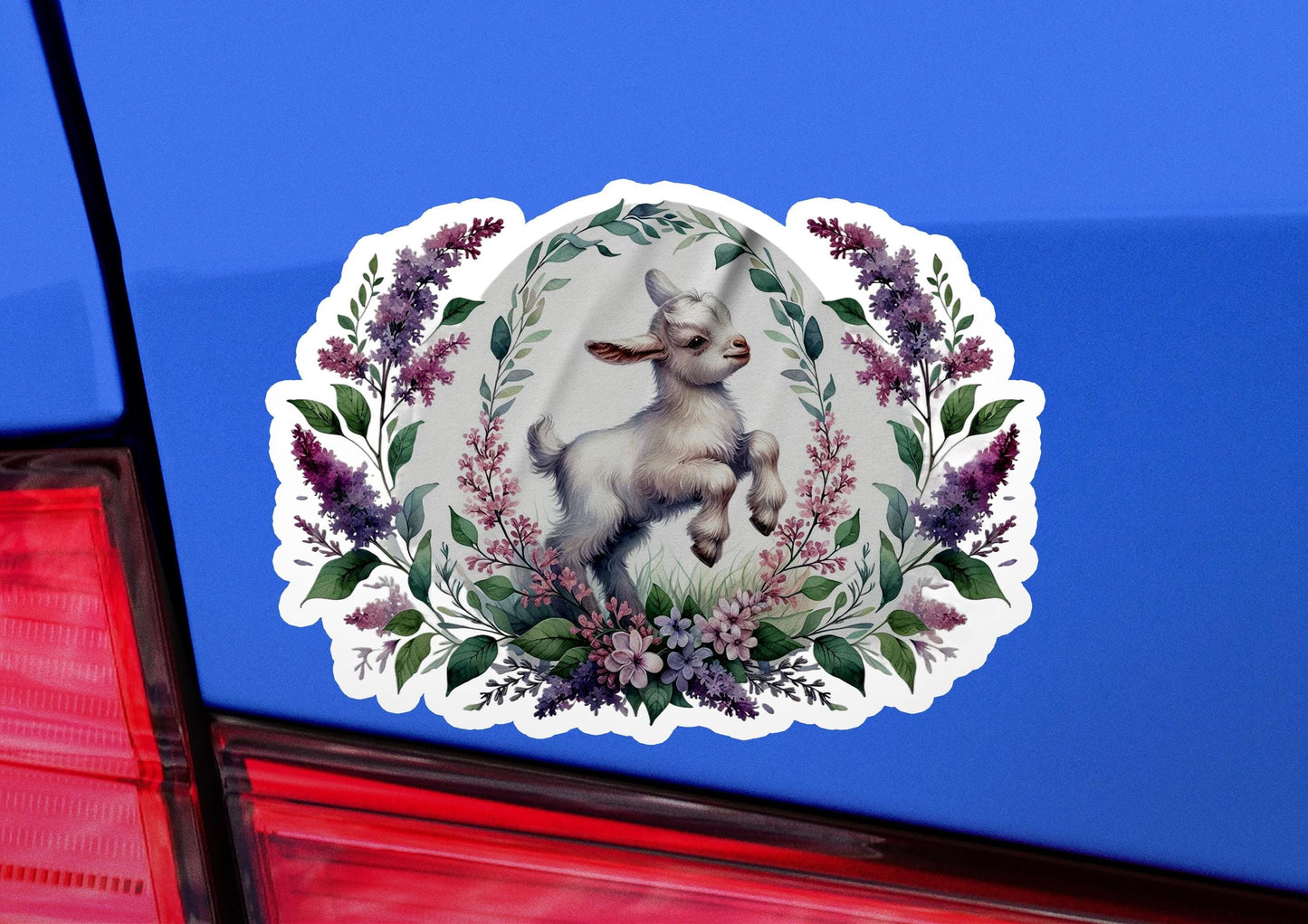 Baby Goat with Watercolor Flower Wreath 2 Vinyl Sticker | Dishwasher Safe & Durable | Custom Sizes | Fast Shipping | Made in USA Fiesta Doodle waterproof vinyl sticker. dishwasher safe outdoor sticker.