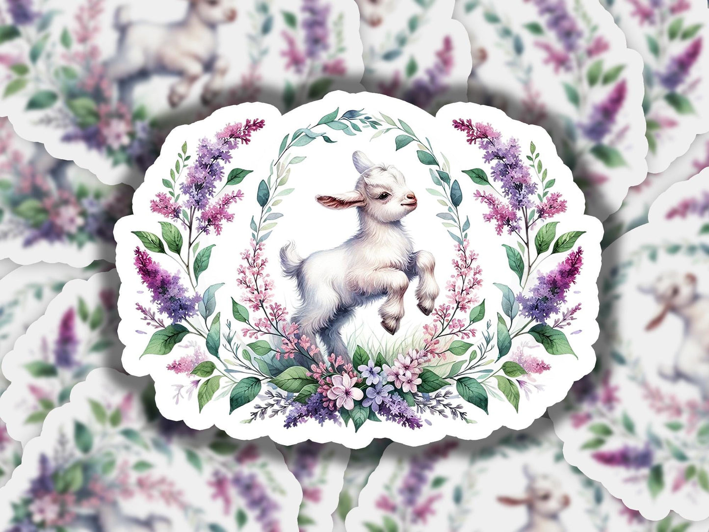a picture of a goat surrounded by flowers