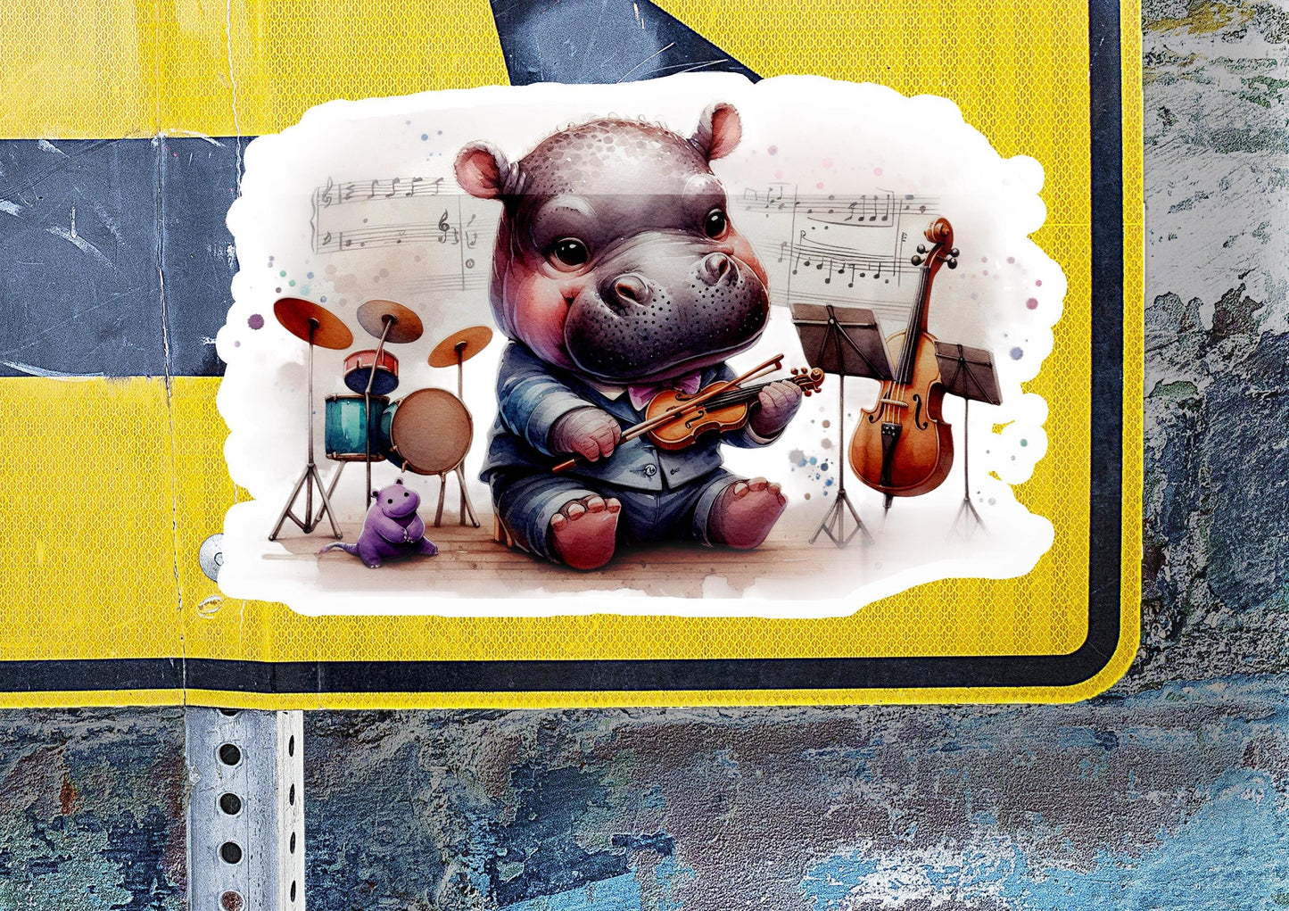 a street sign with a picture of a hippo playing the violin