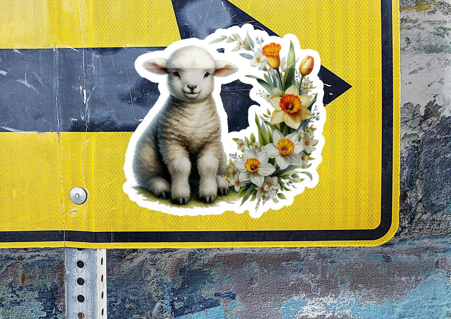 a sticker of a lamb with flowers on it