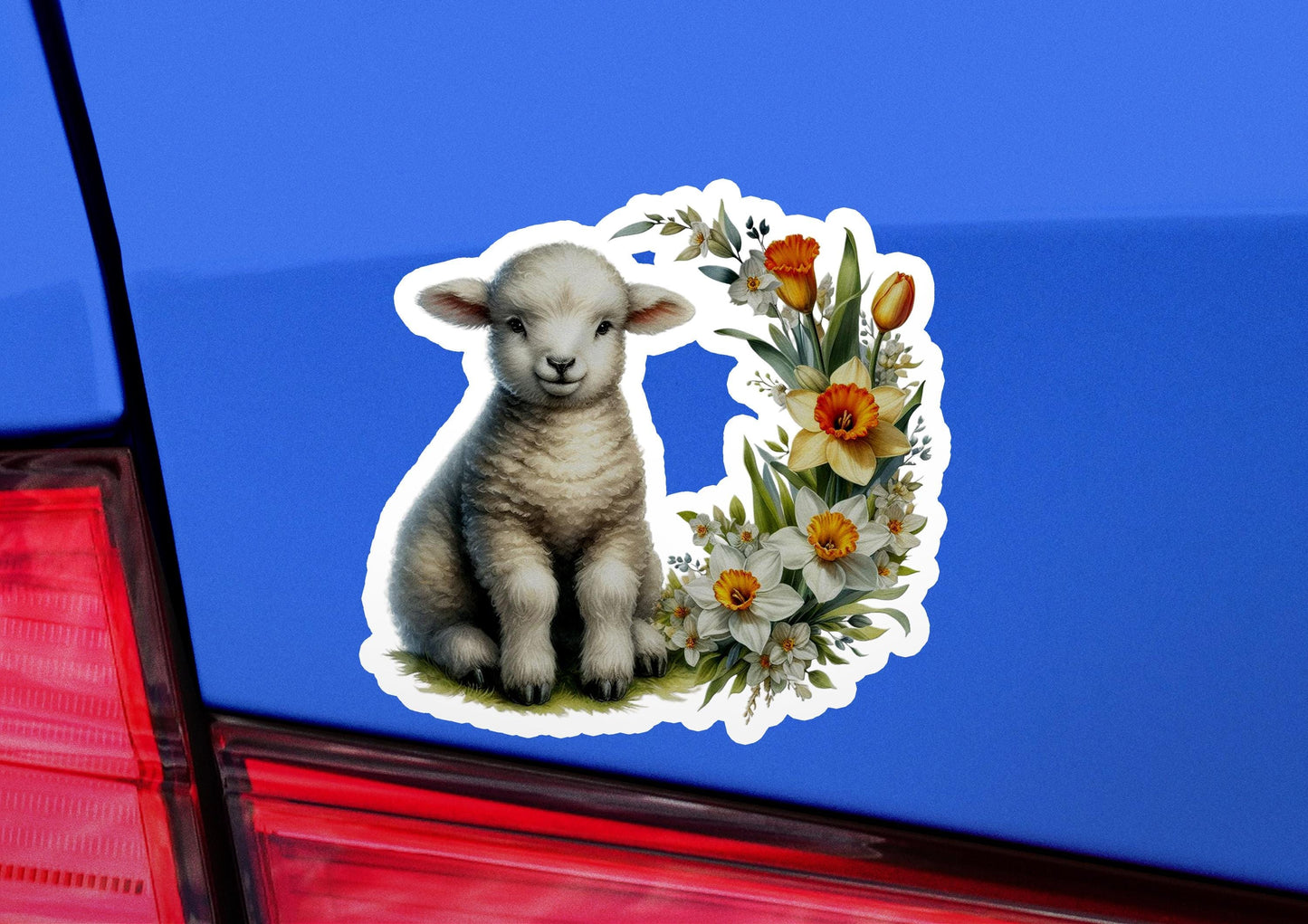 a sticker of a lamb with flowers on it