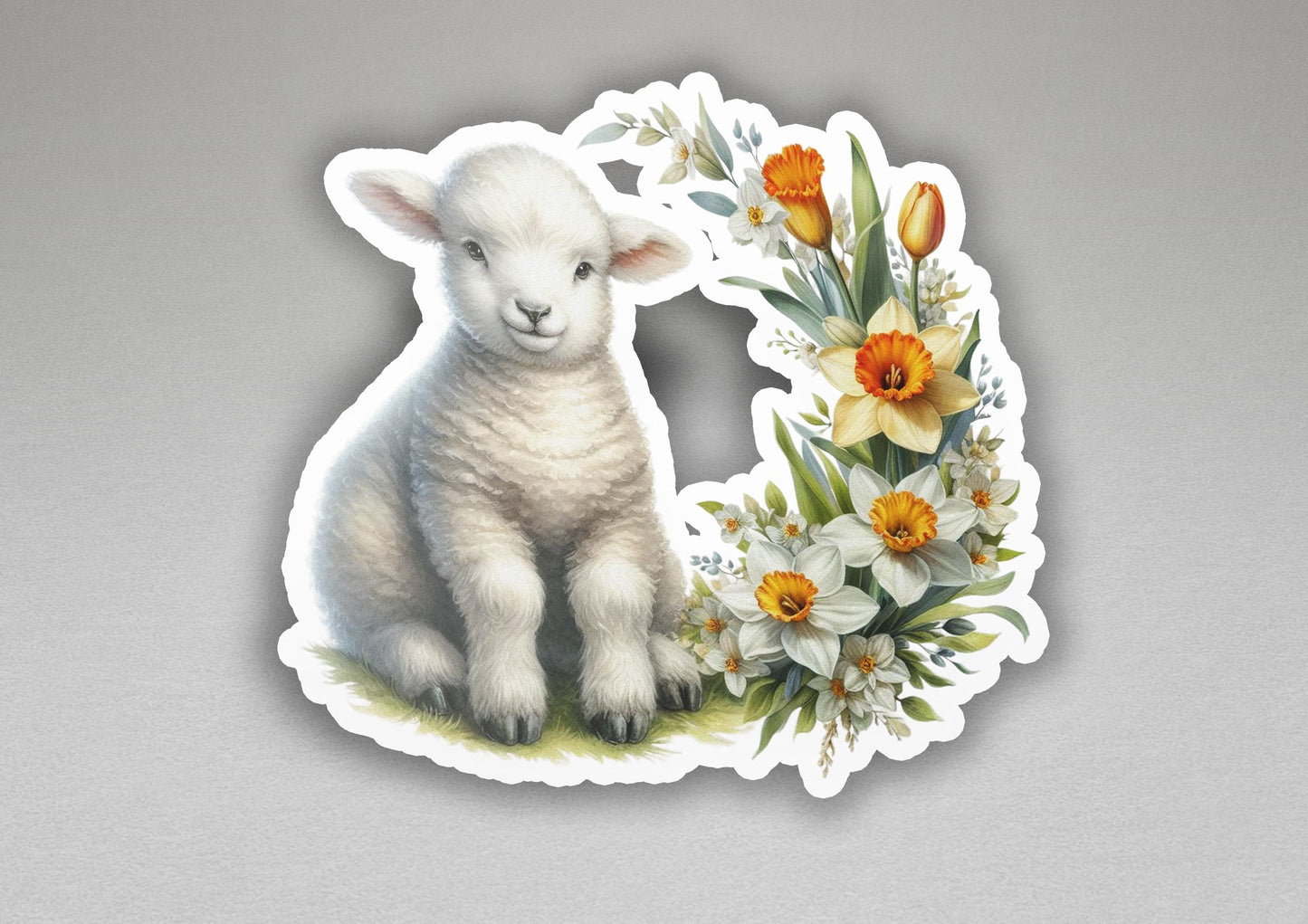 a sticker of a lamb sitting next to flowers