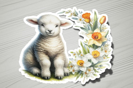 a sticker of a lamb sitting next to flowers