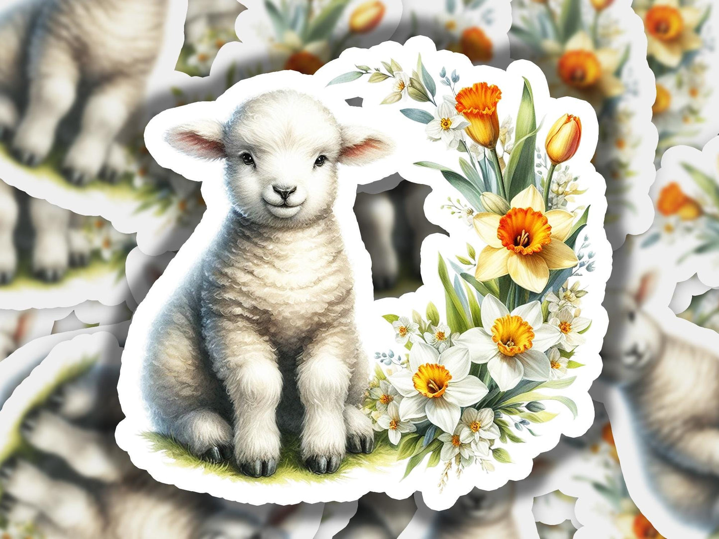 a picture of a lamb surrounded by flowers