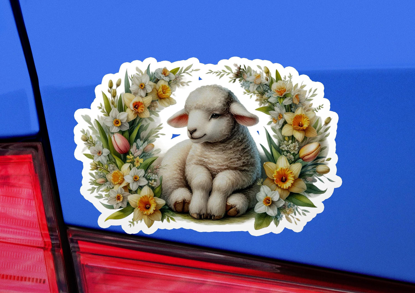a sticker of a lamb with flowers on it