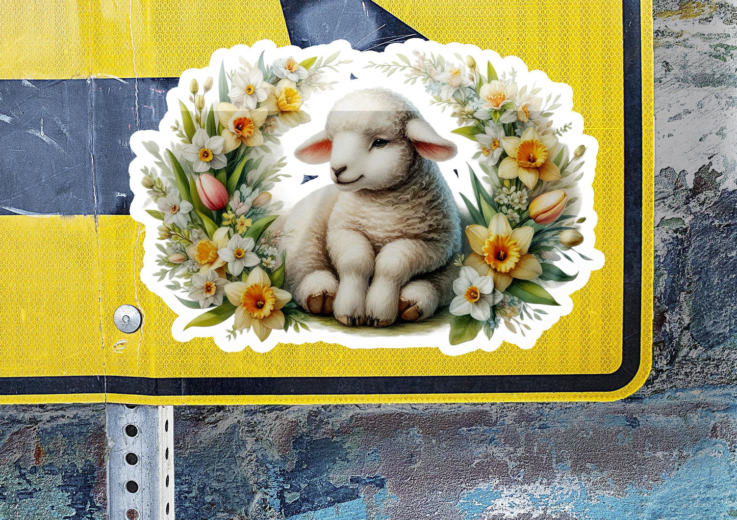 a sticker of a sheep with a wreath of flowers