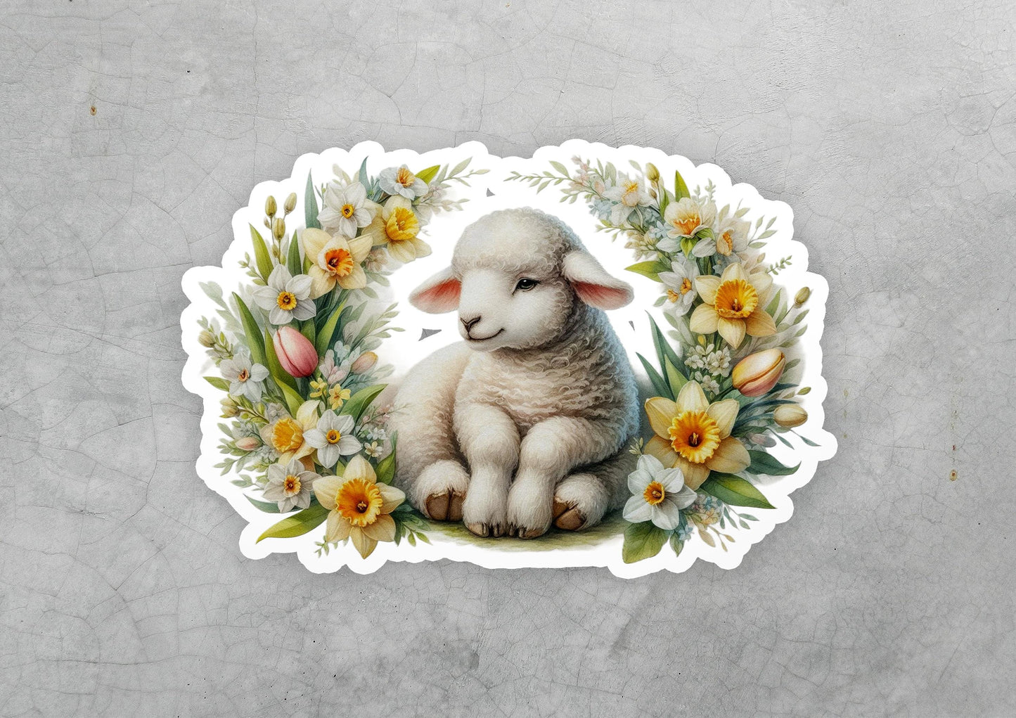 a sticker of a lamb surrounded by flowers