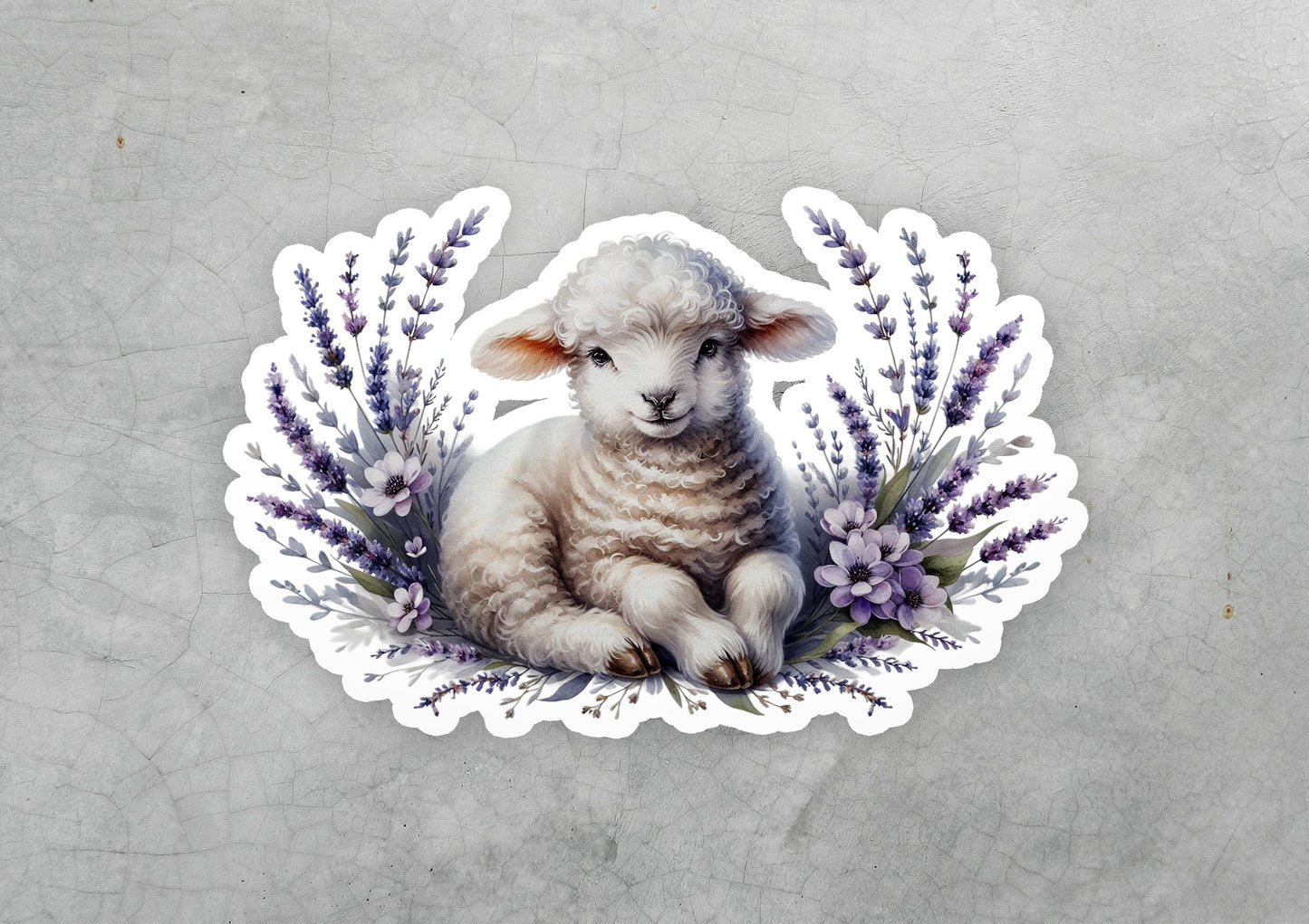 a sticker of a lamb surrounded by lavender flowers