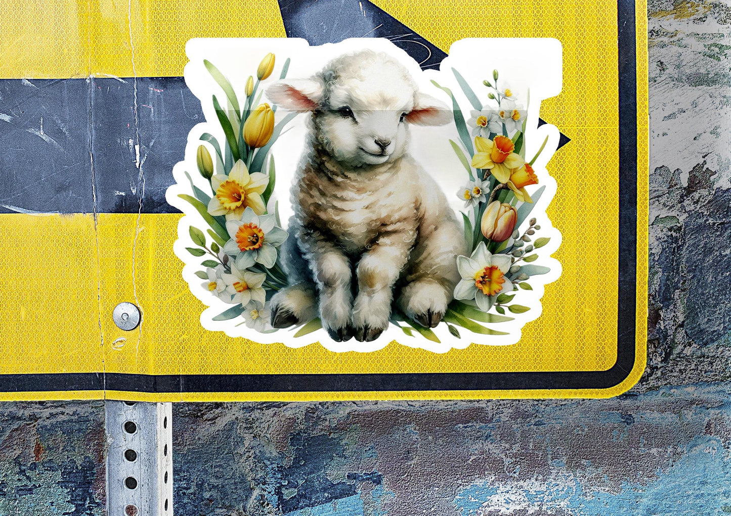 a sticker of a lamb with flowers on it