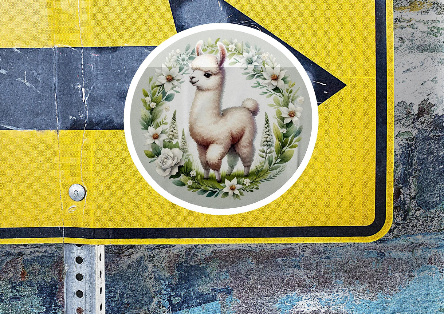 a sticker of a llama on a yellow and black street sign