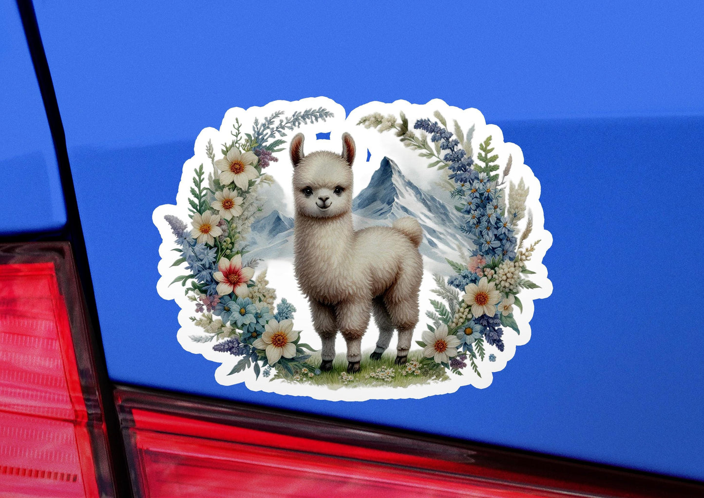 a sticker of an alpaca with a wreath of flowers