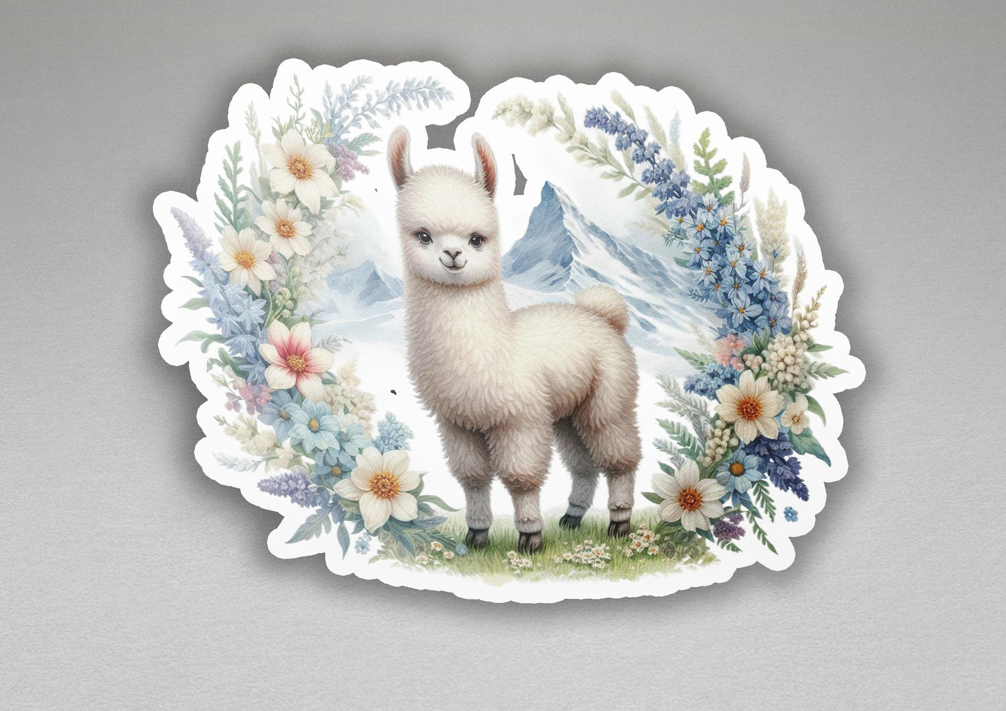 a sticker with a picture of a llama surrounded by flowers