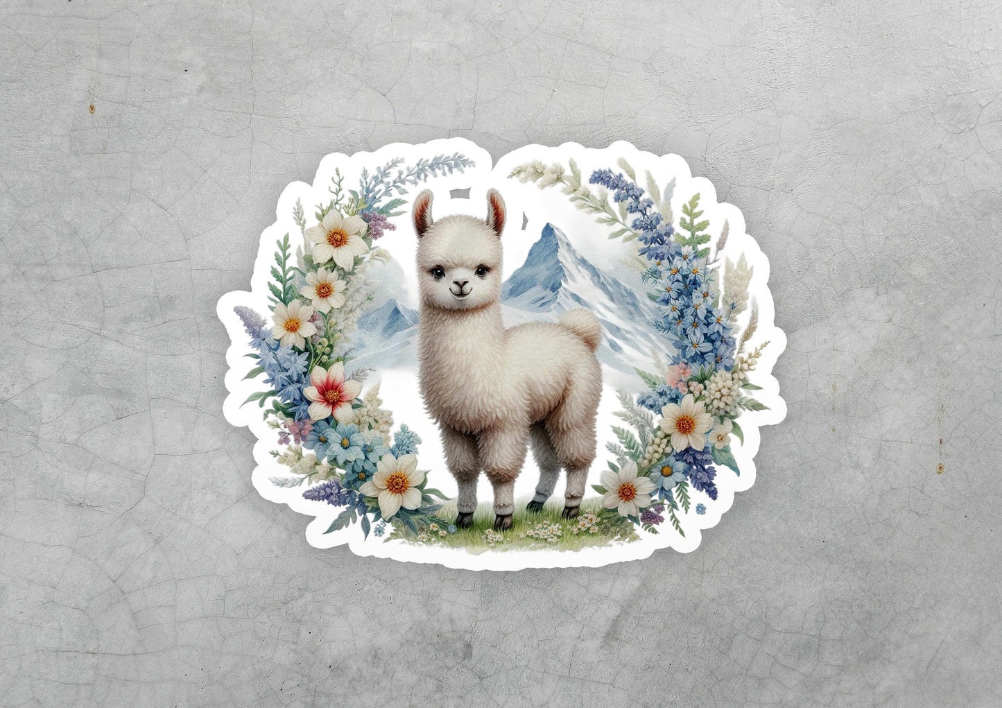 a sticker of a llama surrounded by flowers