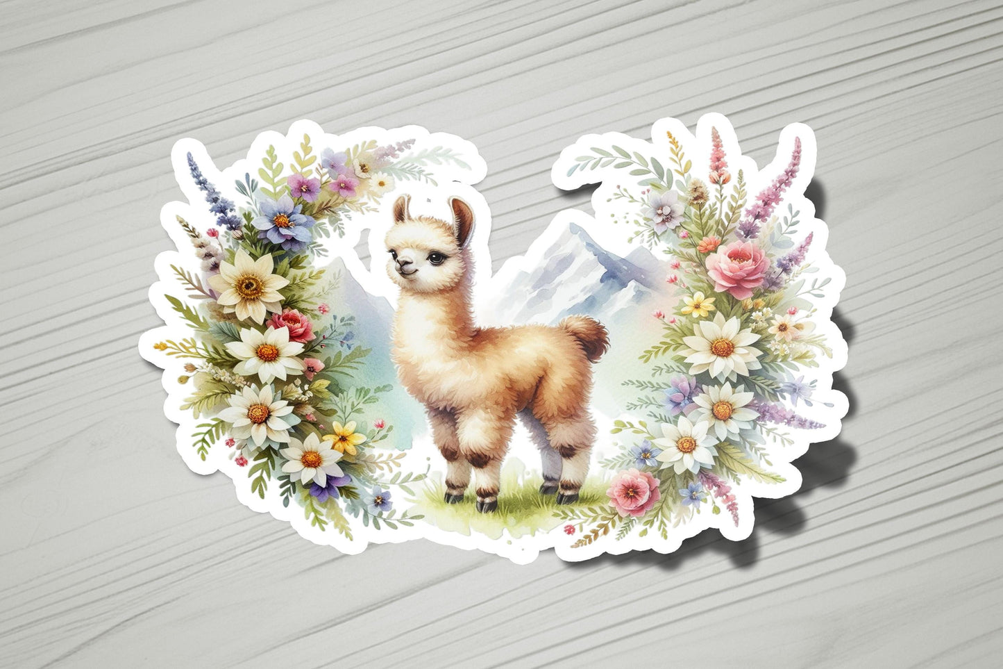 a sticker with a picture of a llama surrounded by flowers