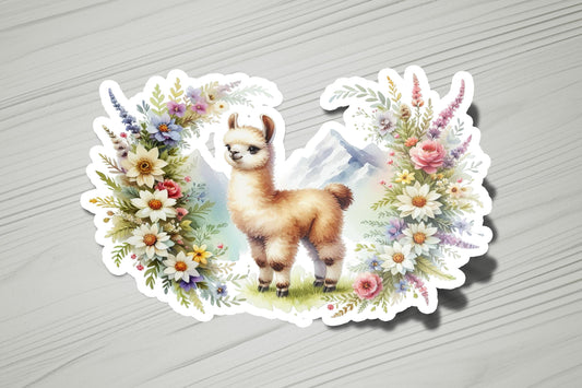 a sticker with a picture of a llama surrounded by flowers