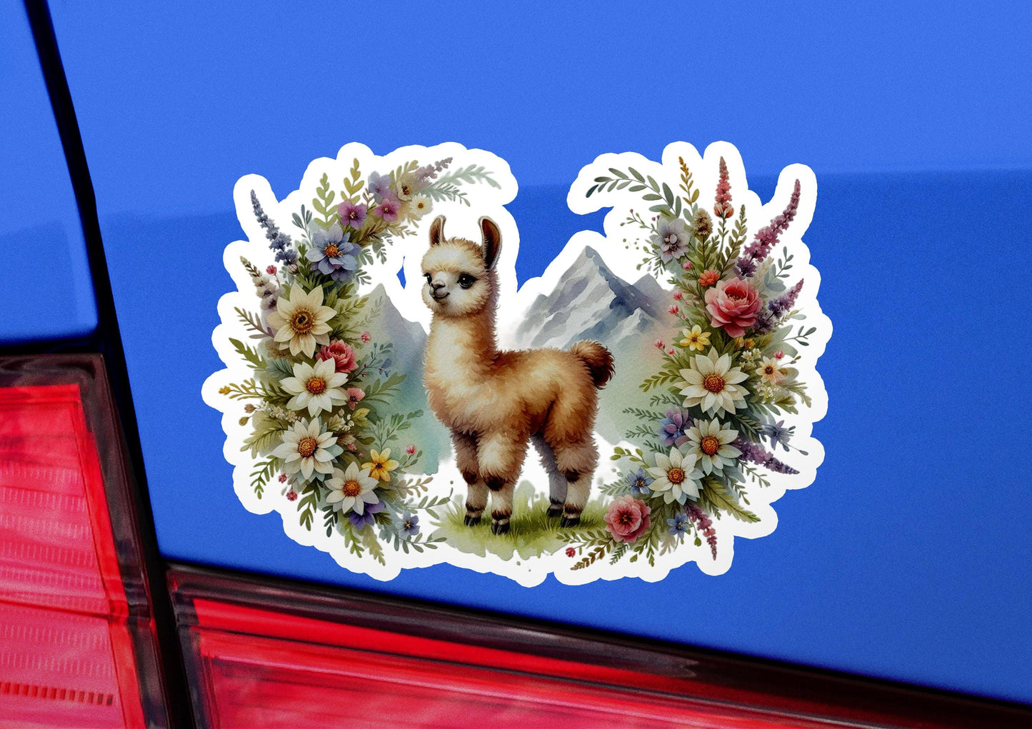 a sticker of a llama surrounded by flowers