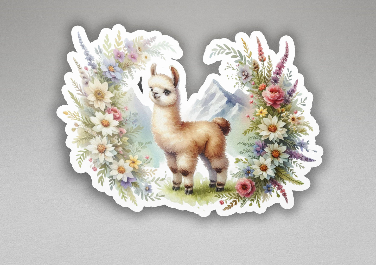 a sticker with a picture of a llama surrounded by flowers