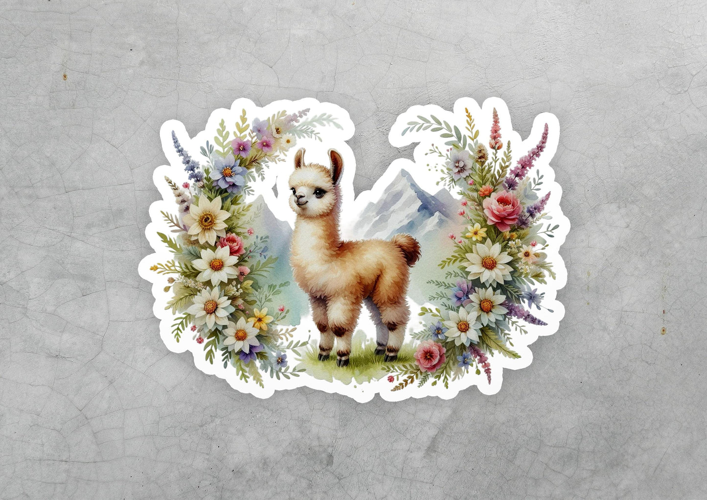a sticker of a llama surrounded by flowers