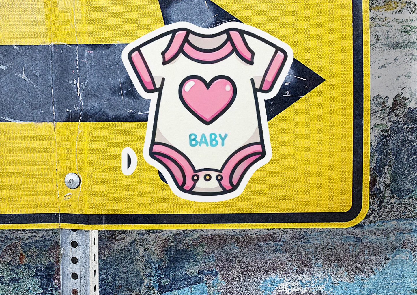 a baby sticker on a yellow and black street sign