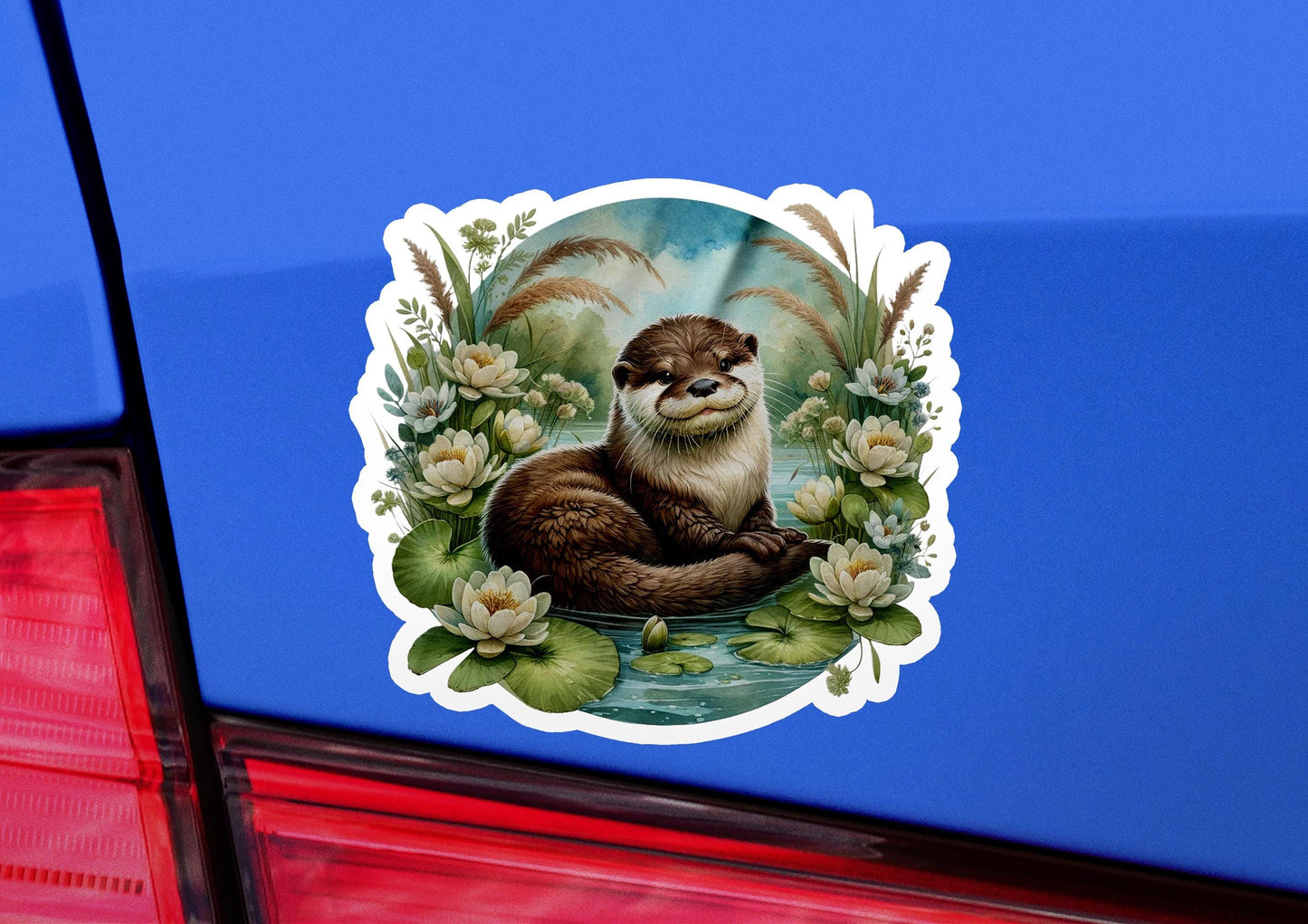 a sticker of an otter on the back of a car