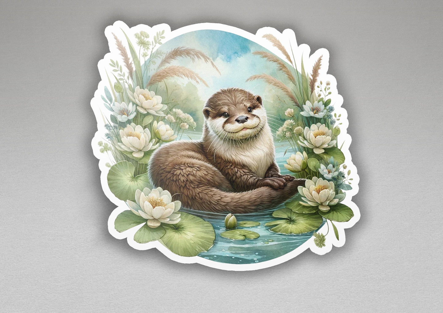 a sticker of a otter sitting on a lily pad