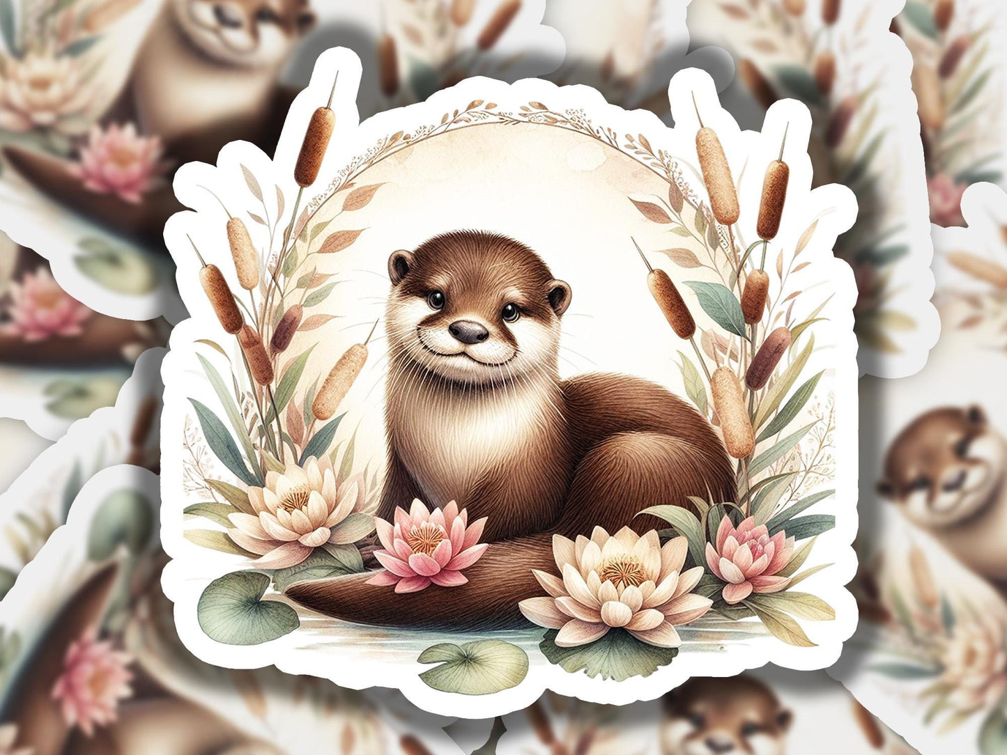 a sticker of an otter surrounded by flowers