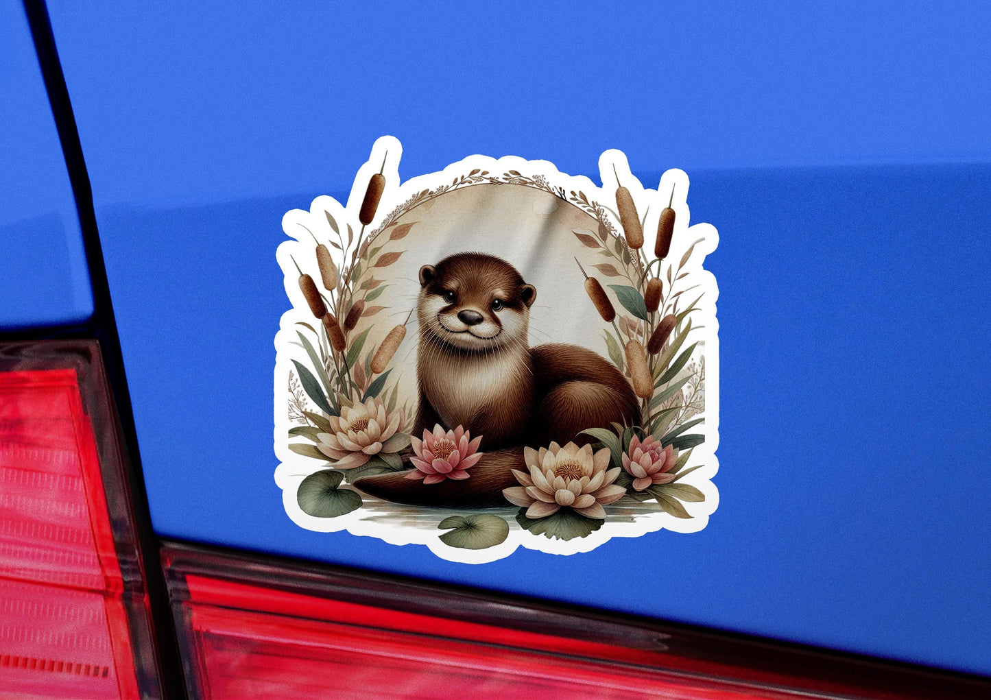 a sticker of an otter on a blue car