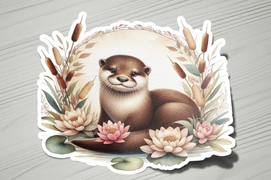 a sticker of an otter surrounded by flowers