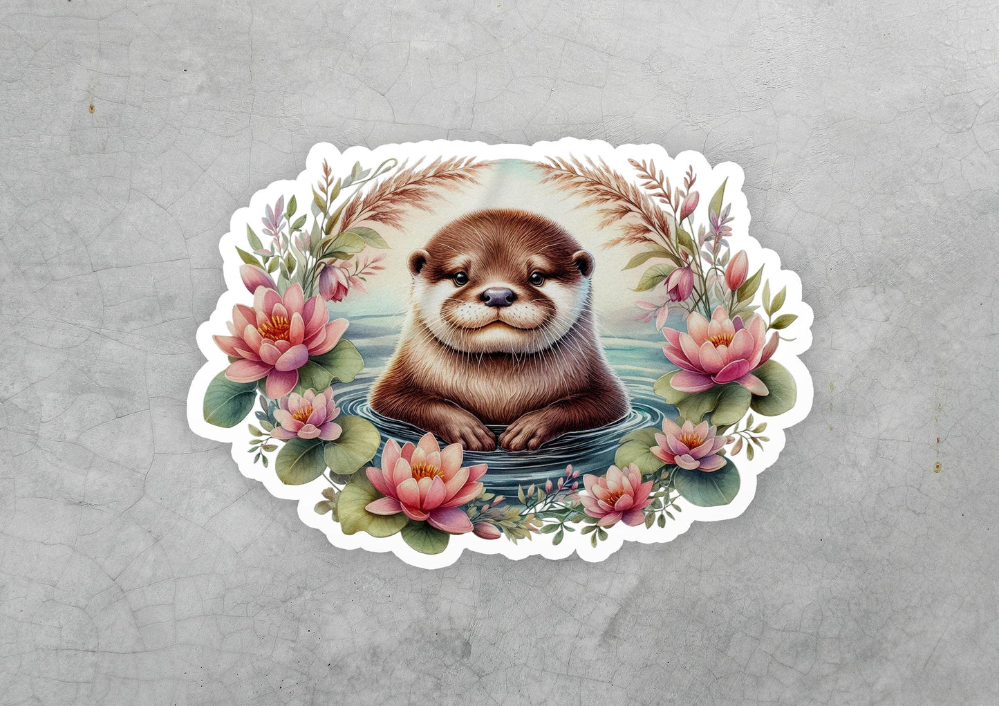a sticker with a picture of a dog in water surrounded by flowers