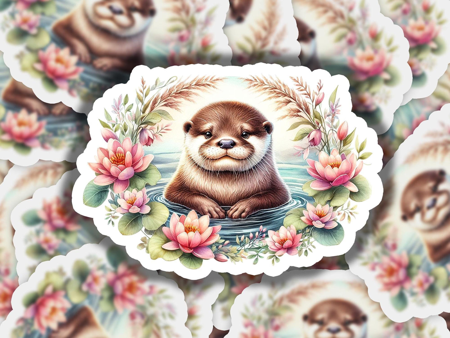 a sticker with a picture of a otter surrounded by flowers