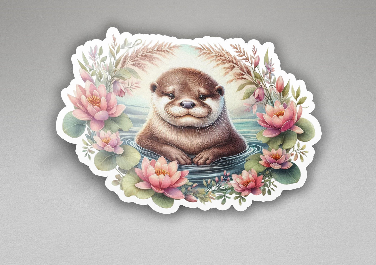 a sticker with a picture of a otter in a pond of water surrounded by