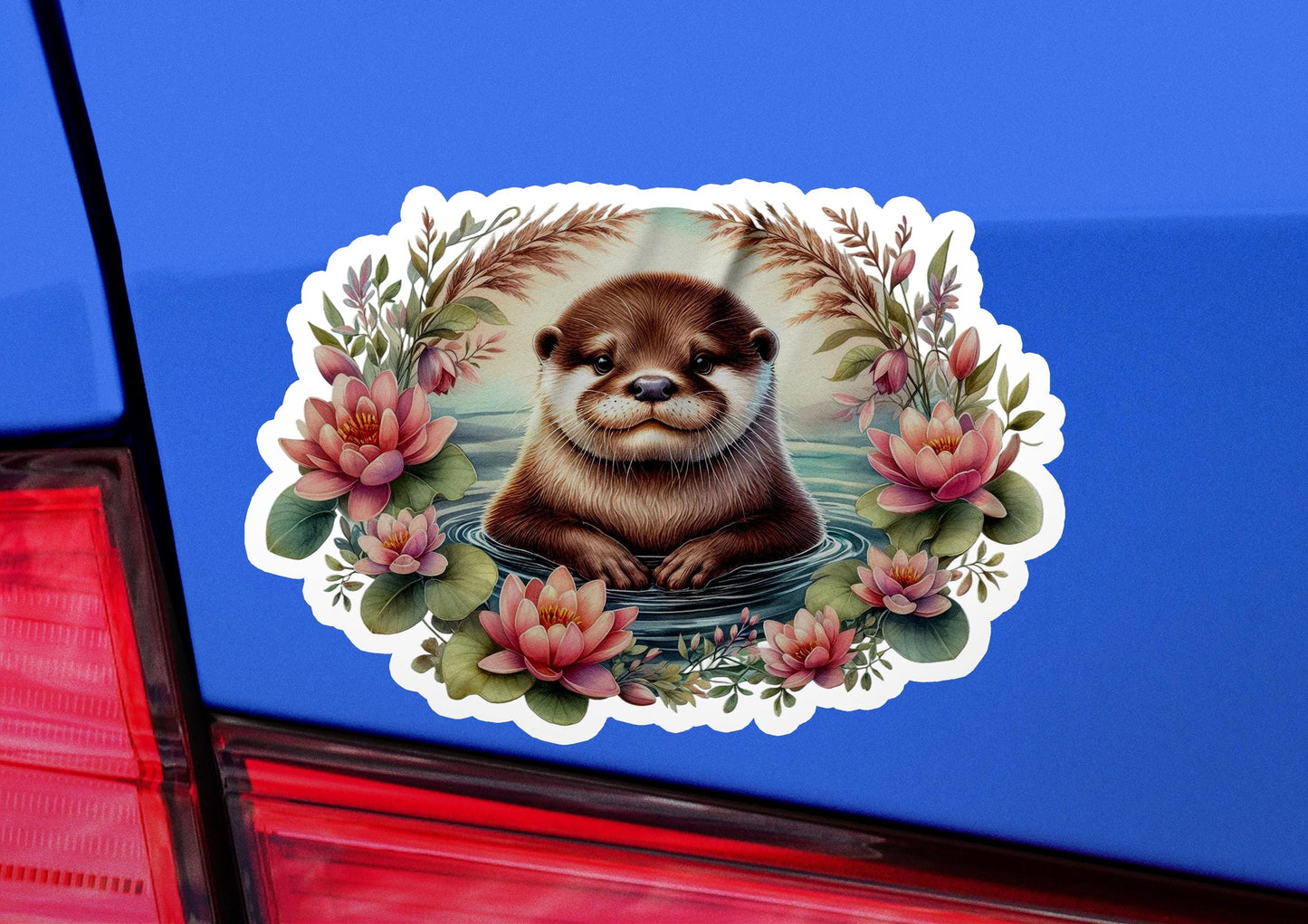 a sticker of an otter is on the back of a car