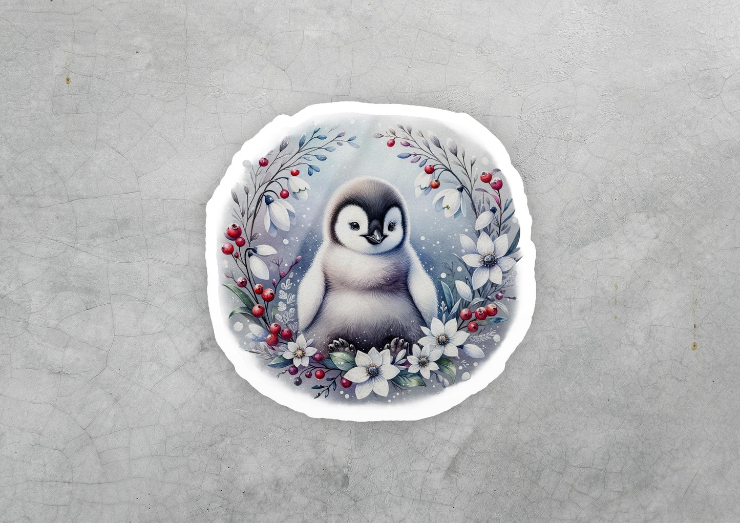 a sticker with a penguin and flowers on it
