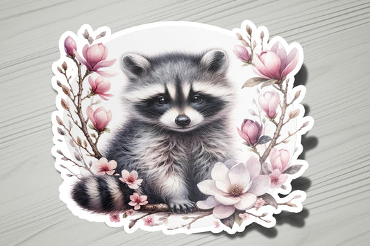 a picture of a raccoon surrounded by flowers