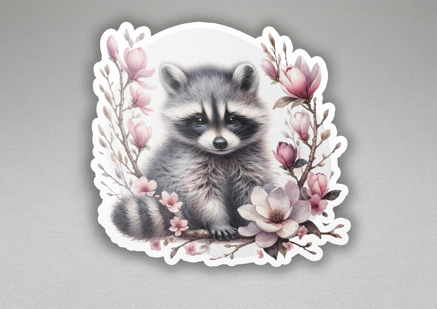 a sticker of a raccoon surrounded by flowers